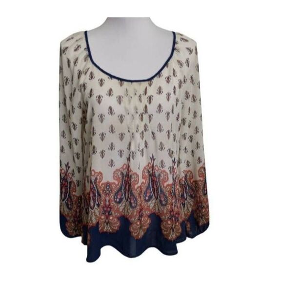 BLU PEPPER CREAM, NAVY, & ORANGE SHEER BLOUSE SZ.L GUC. - Picture 1 of 6
